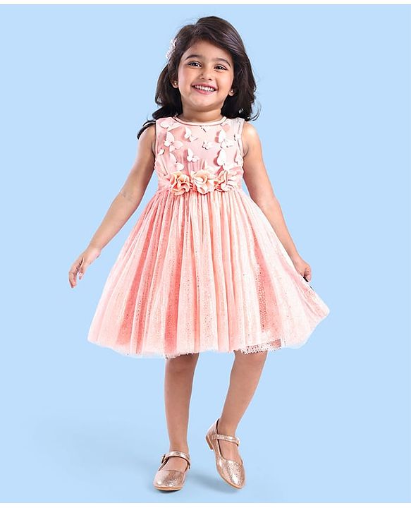 Babyhug Woven Sleeveless Party Dress with 3D Butterfly Applique - Peach
