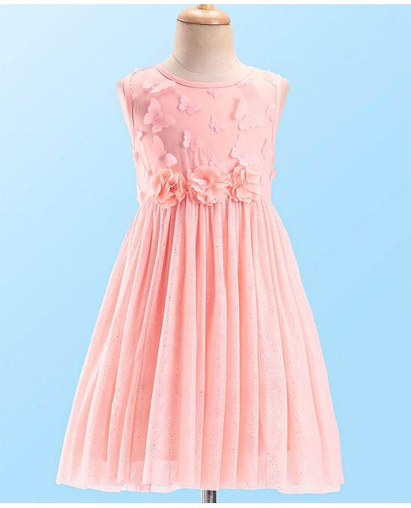Babyhug Woven Sleeveless Party Dress with 3D Butterfly Applique - Peach