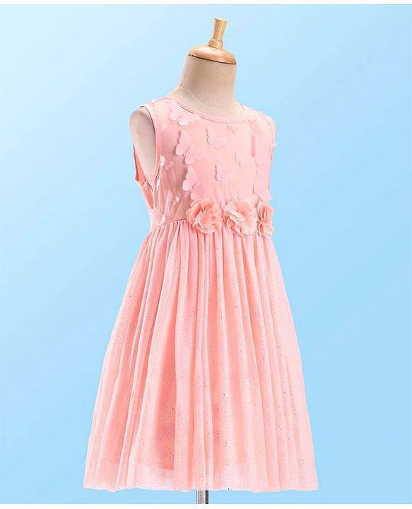 Babyhug Woven Sleeveless Party Dress with 3D Butterfly Applique - Peach