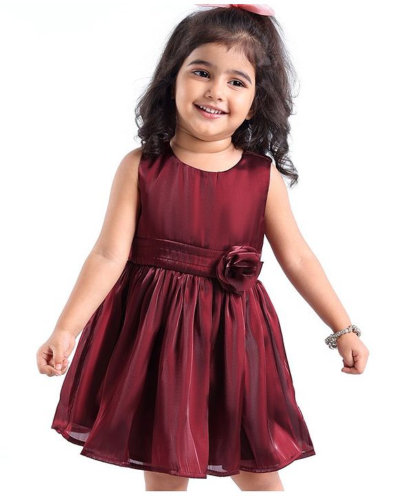Babyhug Sleeveless Party Frock with Floral Applique - Maroon