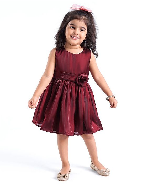 Babyhug Sleeveless Party Frock with Floral Applique - Maroon