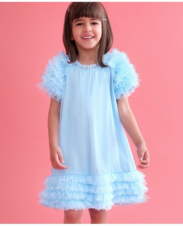 Babyhug Sleeveless A Line & Glittery Party Frock with Frill Detailing - Frozen  Blue
