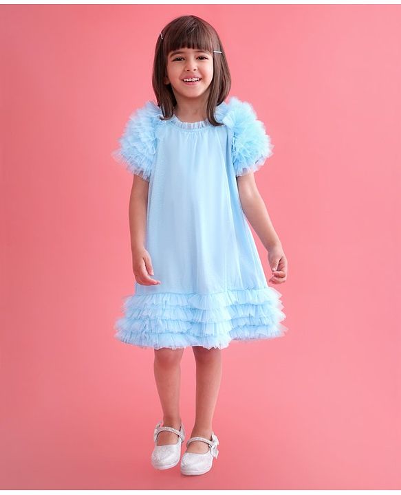 Babyhug Sleeveless A Line & Glittery Party Frock with Frill Detailing - Frozen  Blue