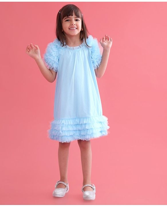Babyhug Sleeveless A Line & Glittery Party Frock with Frill Detailing - Frozen  Blue