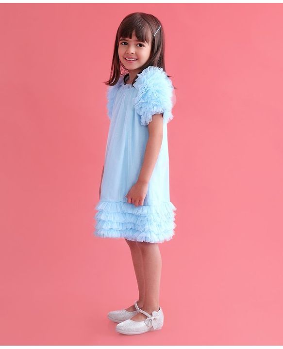 Babyhug Sleeveless A Line & Glittery Party Frock with Frill Detailing - Frozen  Blue