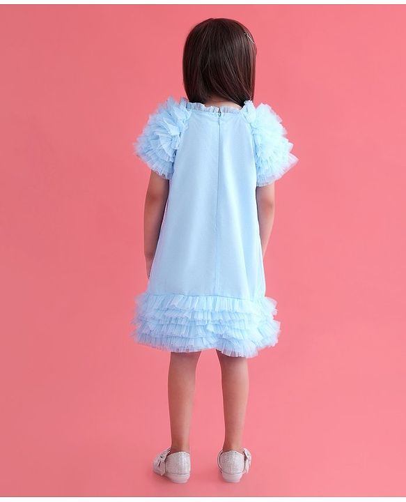 Babyhug Sleeveless A Line & Glittery Party Frock with Frill Detailing - Frozen  Blue
