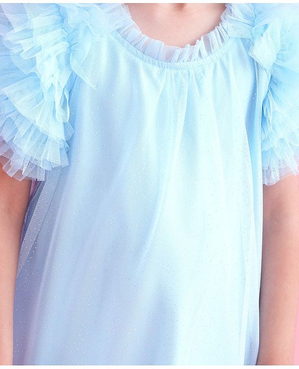 Babyhug Sleeveless A Line & Glittery Party Frock with Frill Detailing - Frozen  Blue
