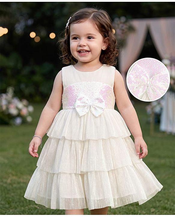 Babyhug Sleeveless Party Wear Tiered Dress with Bow Applique - Cream