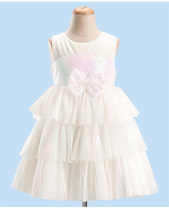 Babyhug Sleeveless Party Wear Tiered Dress with Bow Applique - Cream