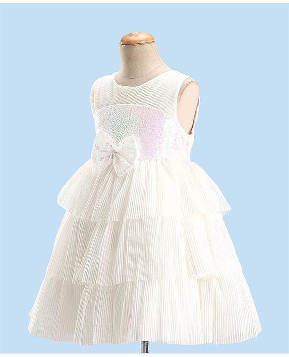 Babyhug Sleeveless Party Wear Tiered Dress with Bow Applique - Cream