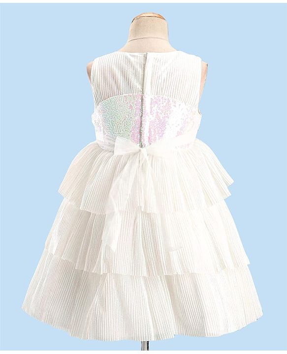 Babyhug Sleeveless Party Wear Tiered Dress with Bow Applique - Cream