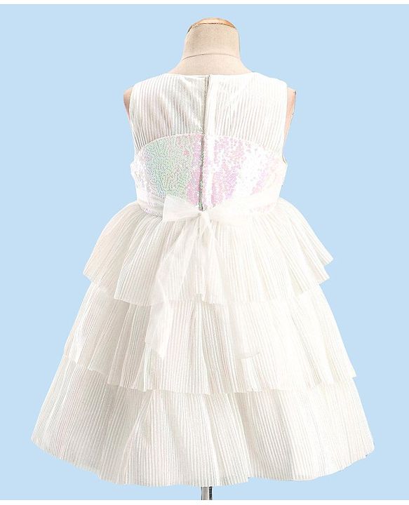 Babyhug Sleeveless Party Wear Tiered Dress with Bow Applique - Cream