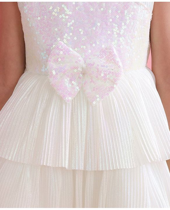 Babyhug Sleeveless Party Wear Tiered Dress with Bow Applique - Cream