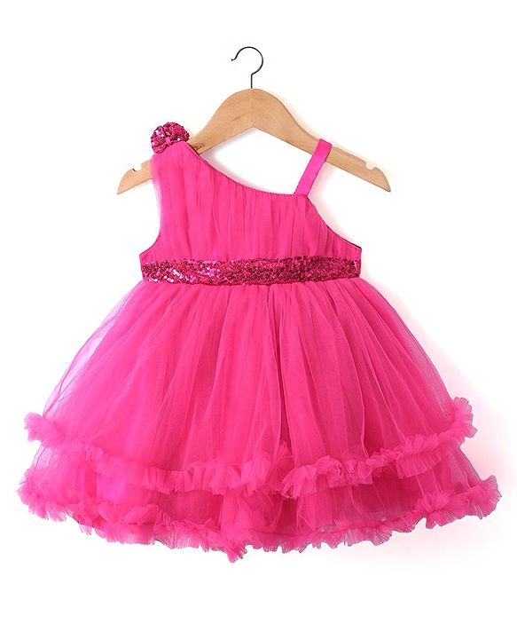 Babyhug Sleeveless Party Frock with Sequin & Frill Detailing - Fuchsia
