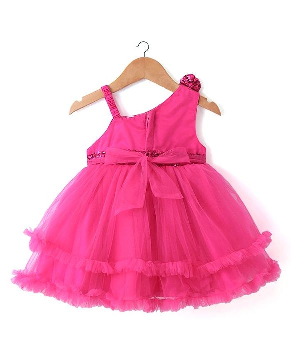 Babyhug Sleeveless Party Frock with Sequin & Frill Detailing - Fuchsia