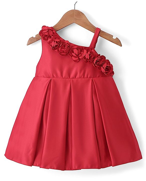 Babyhug Sleeveless Party Wear One Shoulder Dress with Floral Applique - Red
