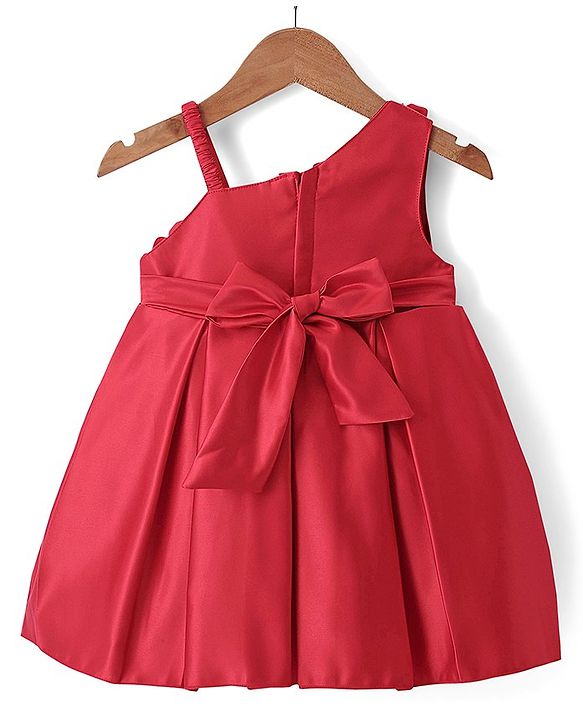 Babyhug Sleeveless Party Wear One Shoulder Dress with Floral Applique - Red