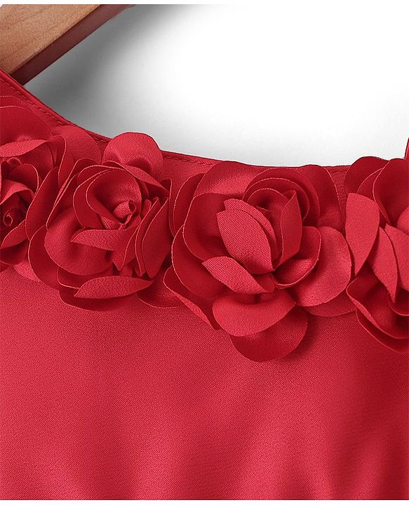 Babyhug Sleeveless Party Wear One Shoulder Dress with Floral Applique - Red