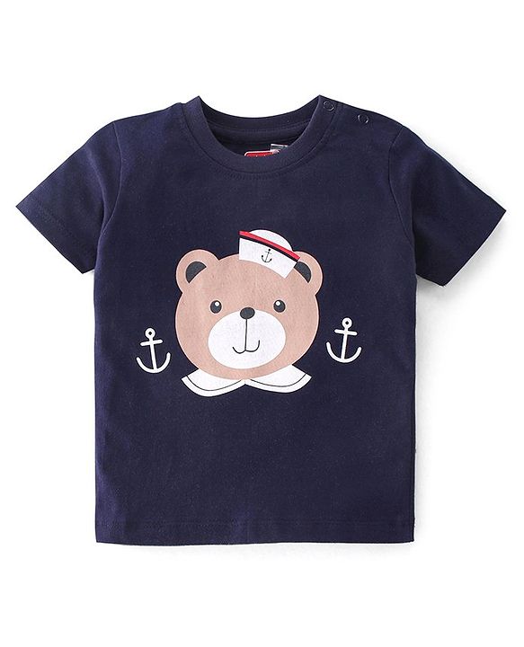 Babyhug Cotton Knit Half Sleeves Night Suit With Teddy Print - Navy Blue