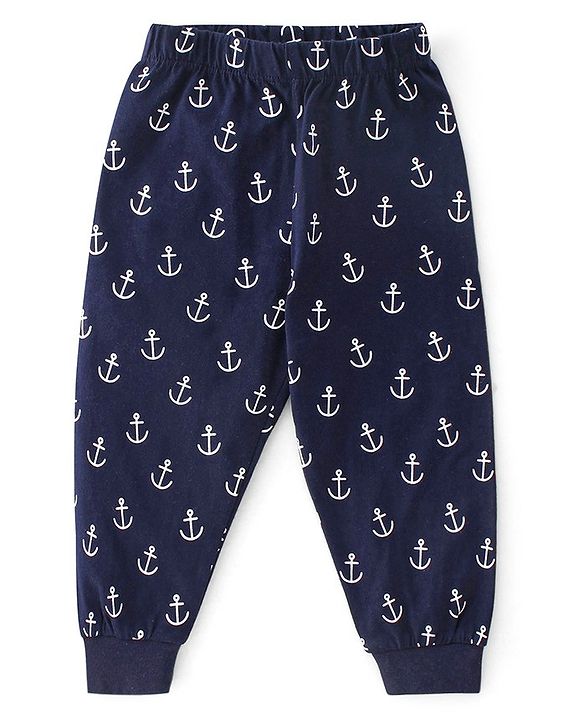 Babyhug Cotton Knit Half Sleeves Night Suit With Teddy Print - Navy Blue