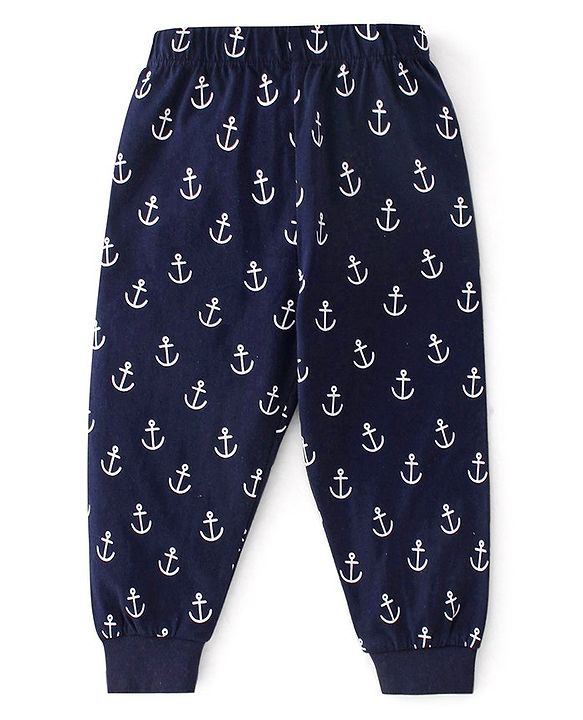 Babyhug Cotton Knit Half Sleeves Night Suit With Teddy Print - Navy Blue
