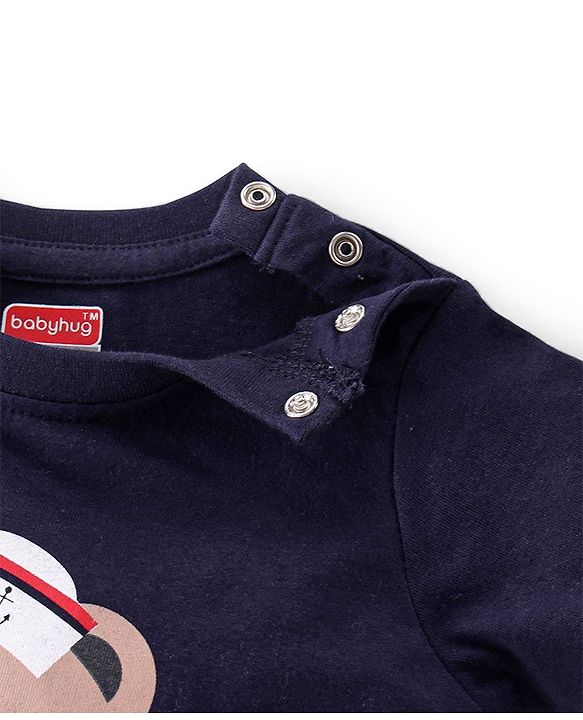 Babyhug Cotton Knit Half Sleeves Night Suit With Teddy Print - Navy Blue