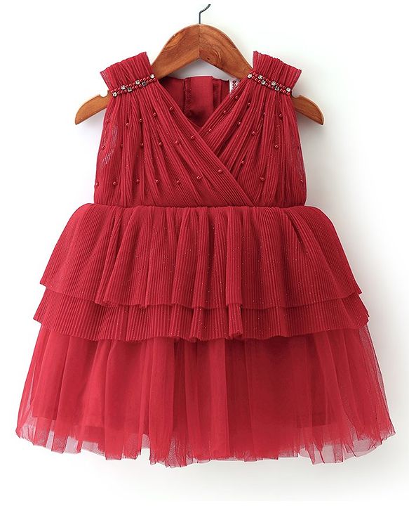 Babyhug Sleeveless Party Wear Frilled Dress With Pearl Detailing & Foil Print - Red