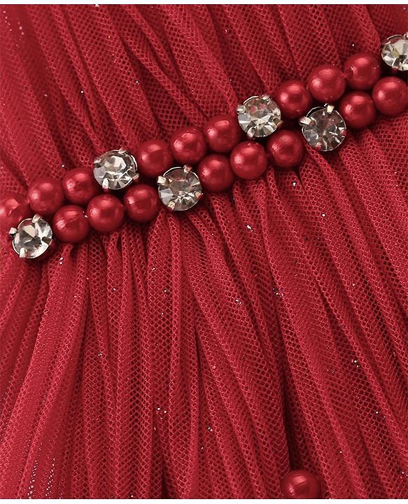 Babyhug Sleeveless Party Wear Frilled Dress With Pearl Detailing & Foil Print - Red