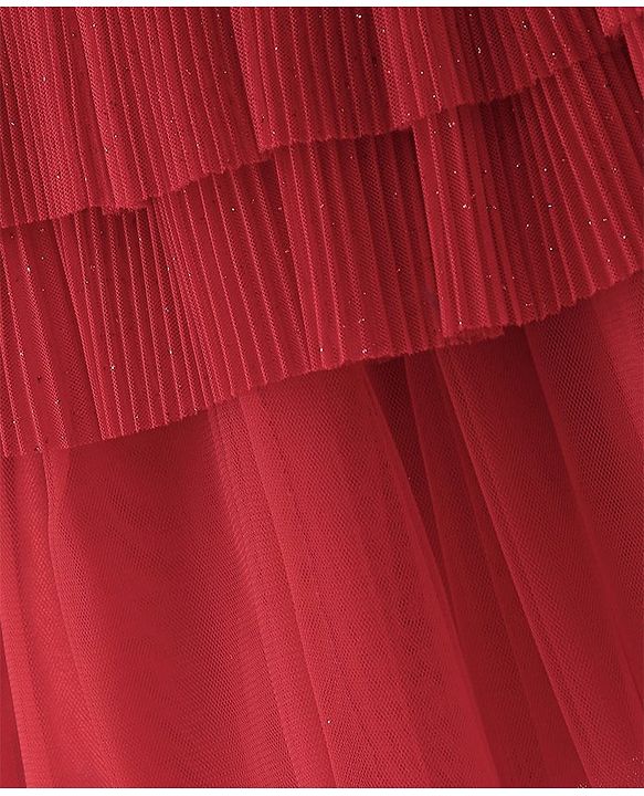 Babyhug Sleeveless Party Wear Frilled Dress With Pearl Detailing & Foil Print - Red