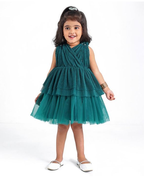 Babyhug Woven Sleeveless Frilled Party Dress with Pearls & Glitter Detailing - Bottle Green
