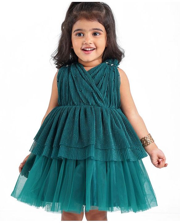Babyhug Woven Sleeveless Frilled Party Dress with Pearls & Glitter Detailing - Bottle Green