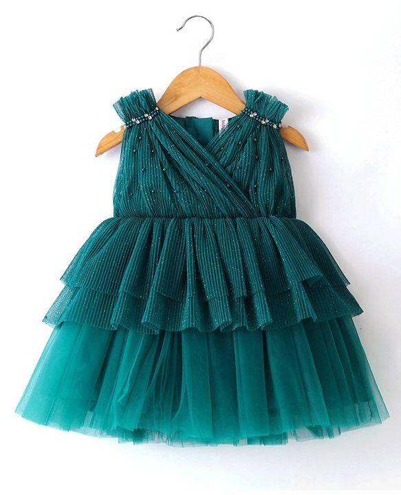 Babyhug Woven Sleeveless Frilled Party Dress with Pearls & Glitter Detailing - Bottle Green