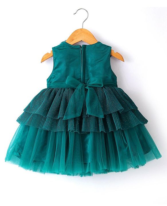 Babyhug Woven Sleeveless Frilled Party Dress with Pearls & Glitter Detailing - Bottle Green
