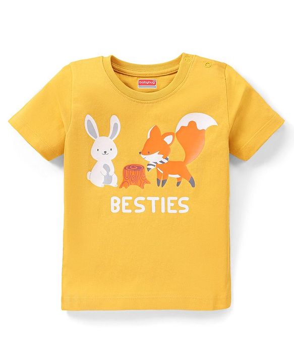 Babyhug Cotton Half Sleeves T-Shirt With Bunny & Fox Graphics - Yellow