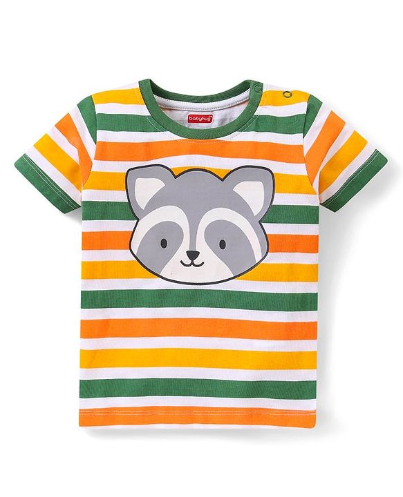 Babyhug Cotton Knit Half Sleeves Striped T-Shirt Raccoon Print - Multicolour