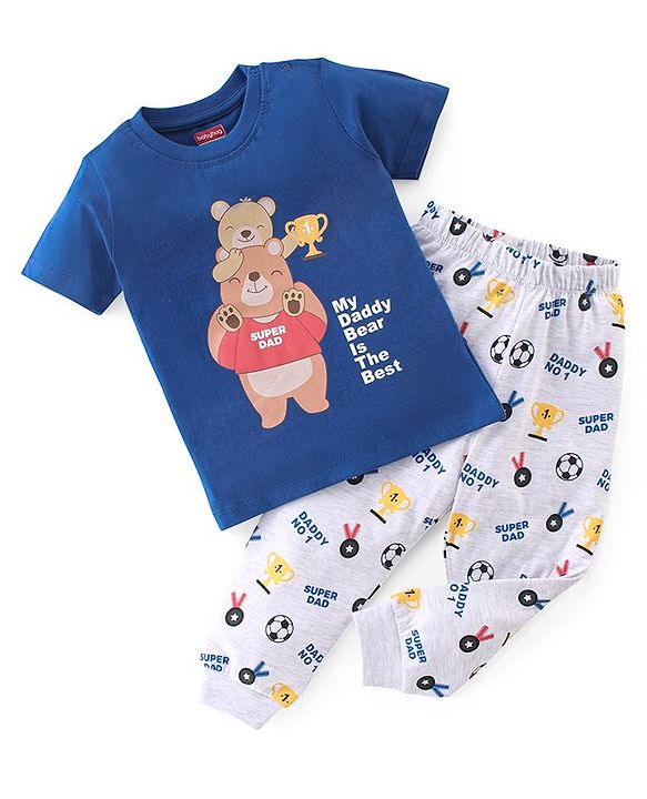 Babyhug Cotton Knit Half Sleeves Night Suit With Teddy Print - Blue & White