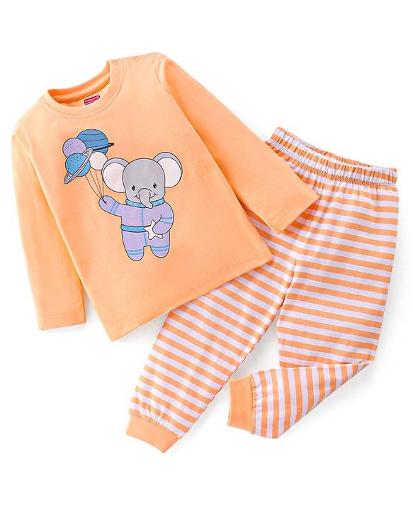 Babyhug Cotton Knit Full Sleeves Night Suit With Elephant Print - Orange