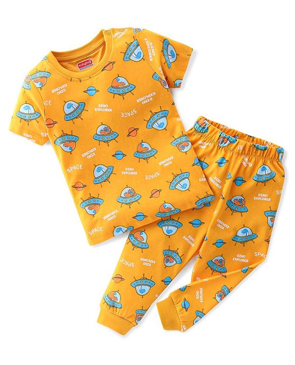 Babyhug Cotton Single Jersey Knit Half Sleeves Night Suit Space Print - Yellow