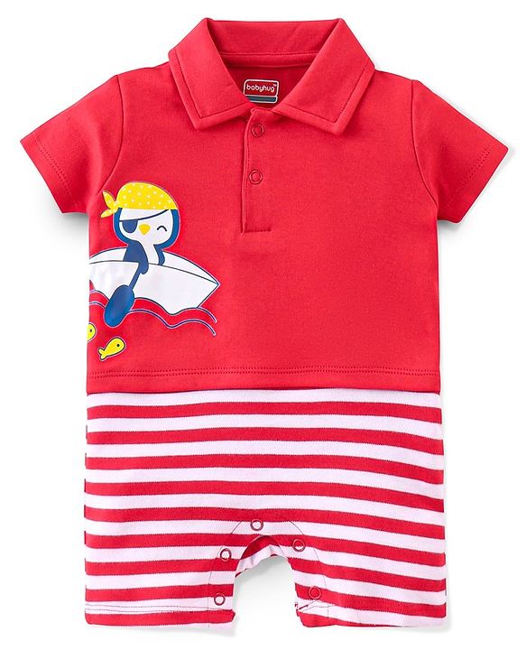 Babyhug 100% Cotton Half Sleeves Romper With Penguin Print - Red