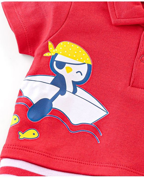 Babyhug 100% Cotton Half Sleeves Romper With Penguin Print - Red