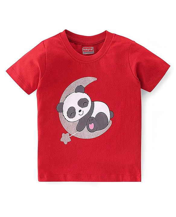 Babyhug Cotton Knit Half Sleeves Night Suit With Panda & Star Print - Red