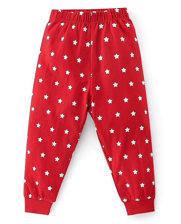 Babyhug Cotton Knit Half Sleeves Night Suit With Panda & Star Print - Red