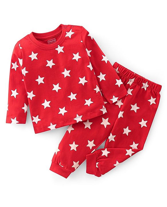 Babyhug Cotton Knit Full Sleeves Night Suit with Star Print - Red