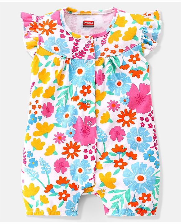 Babyhug 100% Cotton Sleeveless Romper With Floral Print - White Pink & Blue