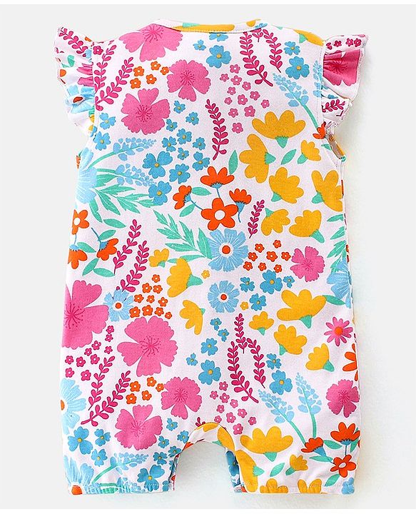 Babyhug 100% Cotton Sleeveless Romper With Floral Print - White Pink & Blue