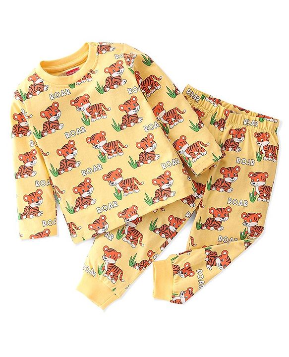 Babyhug Single Jersey Full Sleeves Night Suit Tiger Print - Yellow