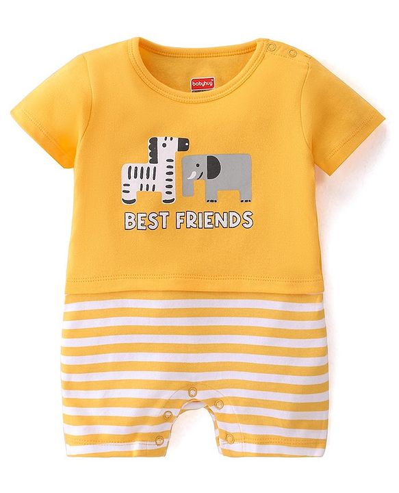 Babyhug 100% Cotton Half Sleeves Romper Animal Print - Yellow
