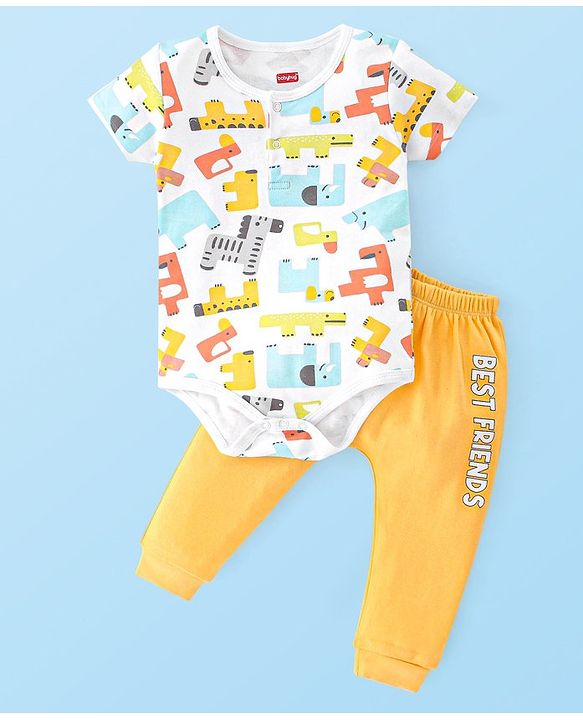 Babyhug 100% Cotton Interlock Knit Half Sleeves Onesies with Leggings Animal Print- Yellow & White