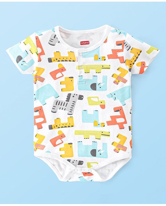 Babyhug 100% Cotton Interlock Knit Half Sleeves Onesies with Leggings Animal Print- Yellow & White