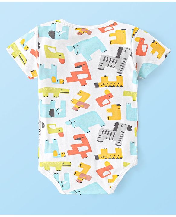 Babyhug 100% Cotton Interlock Knit Half Sleeves Onesies with Leggings Animal Print- Yellow & White